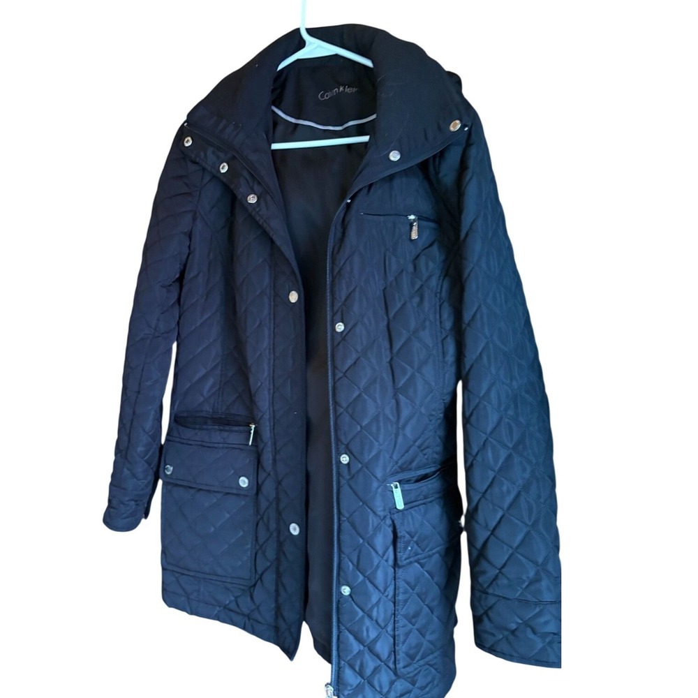 Calvin‎ Klein Black Quilted Jacket W/ Snap Pockets & Zip Accents